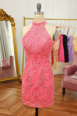 Pink Open Back Halter Lace Tight Short Homecoming Dress