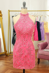 Pink Open Back Halter Lace Tight Short Homecoming Dress