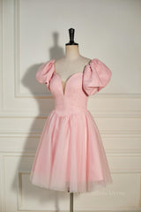Prom Dresses Open Backs, Pink Plunging V Neck Dot Lace-Up A-line Homecoming Dress