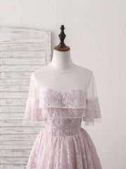 Satin Dress, Pink Round Neck Lace Tulle Short Prom Dress, Pink Homecoming Dress