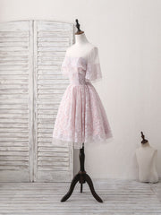 Wedding Guest Outfit, Pink Round Neck Lace Tulle Short Prom Dress, Pink Homecoming Dress