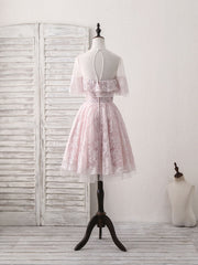 Reception Dress, Pink Round Neck Lace Tulle Short Prom Dress, Pink Homecoming Dress