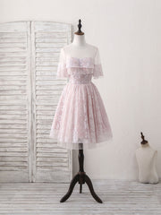Homecoming Dress, Pink Round Neck Lace Tulle Short Prom Dress, Pink Homecoming Dress
