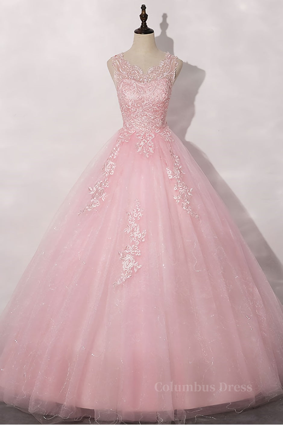 Prom Dresses2026, Pink round neck tulle lace long prom dress pink tulle formal dress