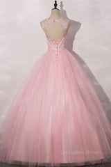 Prom Dresse 2026, Pink round neck tulle lace long prom dress pink tulle formal dress