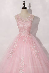 Prom Dresses For Sale, Pink round neck tulle lace long prom dress pink tulle formal dress