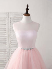 Party Dress Shopping, Pink Round Neck Tulle Pink Short Prom Dress Pink Homecoming Dress