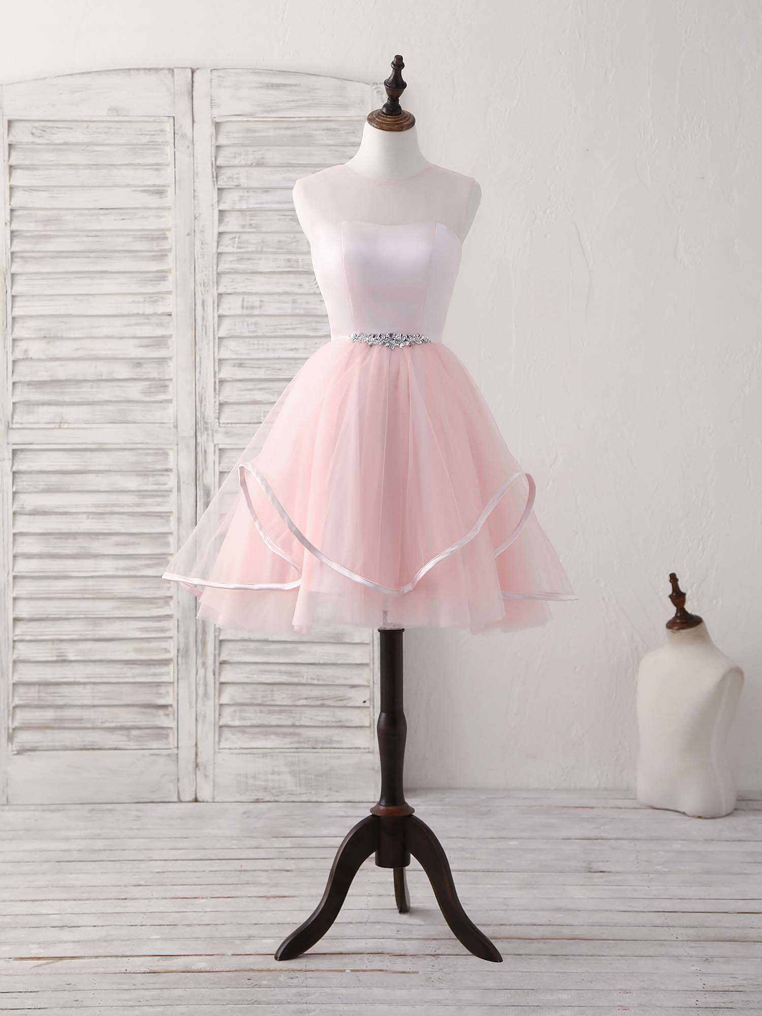 Party Dress Classy, Pink Round Neck Tulle Pink Short Prom Dress Pink Homecoming Dress