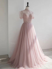 Prom Dresses Prom Dresses, Pink round neck tulle sequin long prom dress, pink tulle formal dress