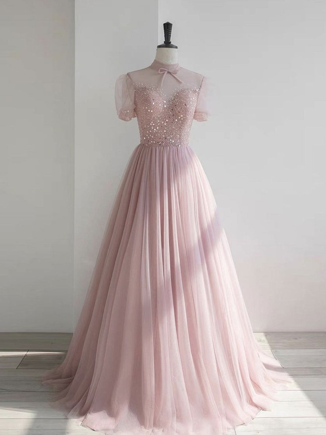 Prom Dress Vintage, Pink round neck tulle sequin long prom dress, pink tulle formal dress