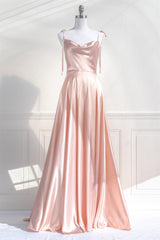 Prom Dress Long Elegant, Pink Satin Bow Tie Straps A-line Cowl Neck Long Prom Dress