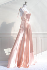 Prom Dresses Silk, Pink Satin Bow Tie Straps A-line Cowl Neck Long Prom Dress