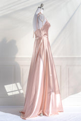 Prom Dress Pieces, Pink Satin Bow Tie Straps A-line Cowl Neck Long Prom Dress