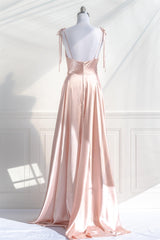 Prom Dresses Piece, Pink Satin Bow Tie Straps A-line Cowl Neck Long Prom Dress