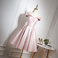 Evening Dresses Prom, Pink Satin Knee Length Homecoming Dress, Off the Shoulder Homecoming Dress