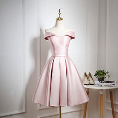 Evening Dresses Designer, Pink Satin Knee Length Homecoming Dress, Off the Shoulder Homecoming Dress