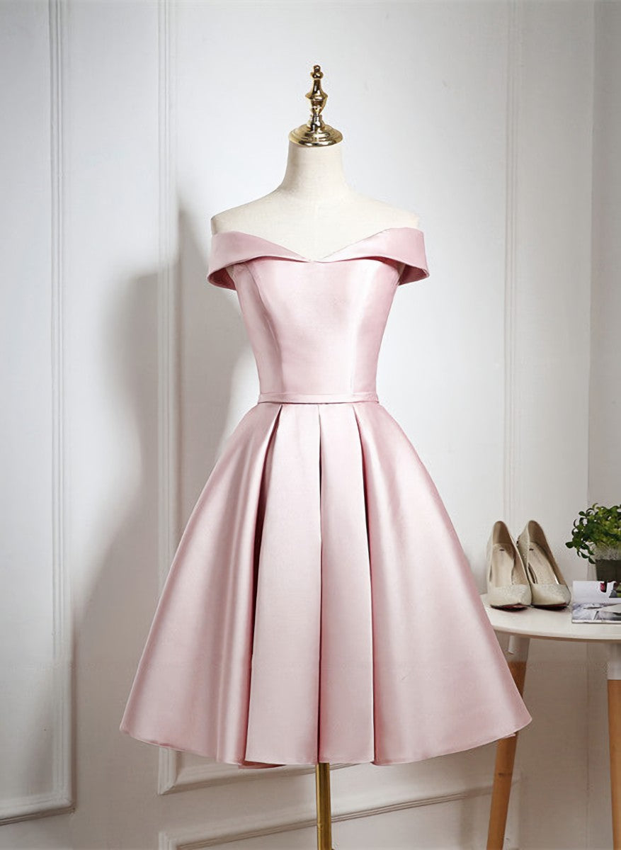 Evening Dress Prom, Pink Satin Knee Length Homecoming Dress, Off the Shoulder Homecoming Dress