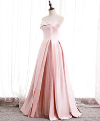 Wedding Dresse Boho, Pink Satin Long Party Dress with Pearls, Floor Length Party Dres Wedding Party Dress