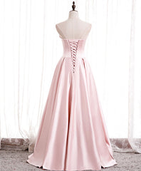 Wedding Dresse Beach, Pink Satin Long Party Dress with Pearls, Floor Length Party Dres Wedding Party Dress