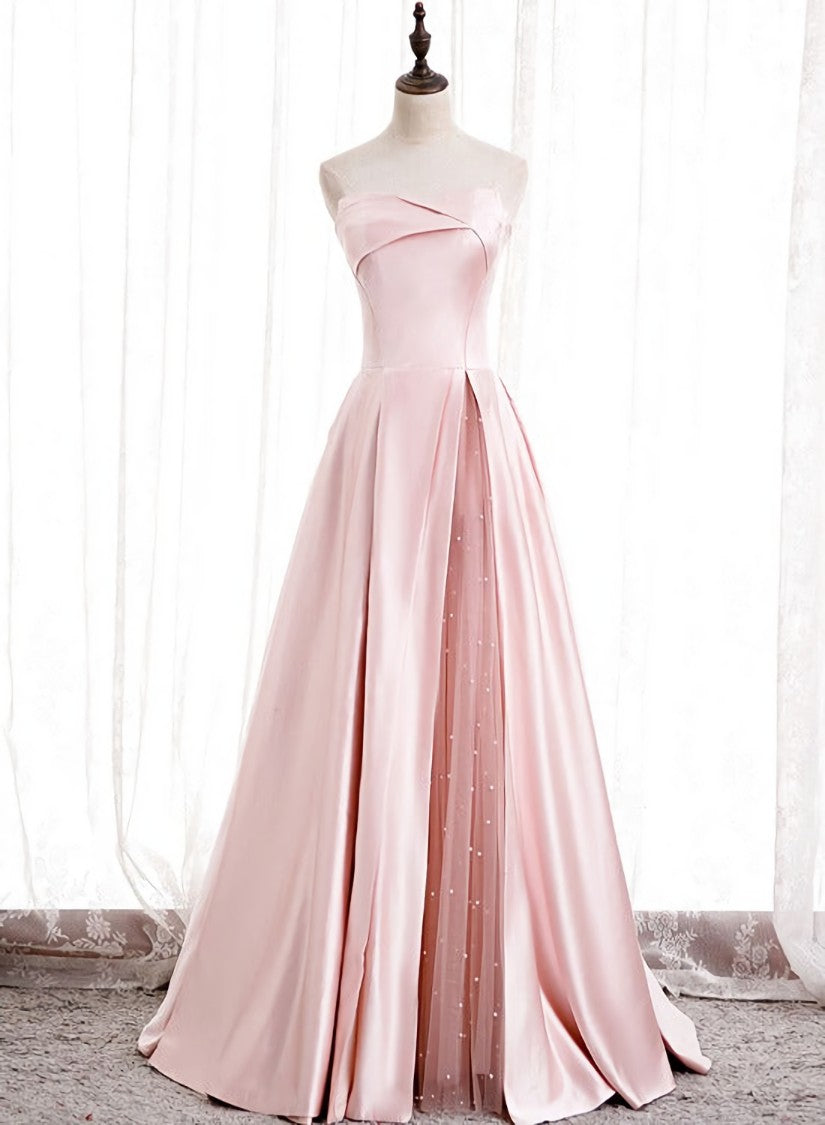 Wedding Dressed Boho, Pink Satin Long Party Dress with Pearls, Floor Length Party Dres Wedding Party Dress
