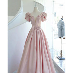 Wedding Dress , Pink Satin Long Short Sleeves Prom Dress Party Dress, Pink Formal Dress Wedding Party Dress