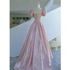 Wed Dress Lace, Pink Satin Long Short Sleeves Prom Dress Party Dress, Pink Formal Dress Wedding Party Dress