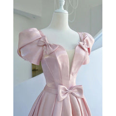 Weddings Dress Lace, Pink Satin Long Short Sleeves Prom Dress Party Dress, Pink Formal Dress Wedding Party Dress