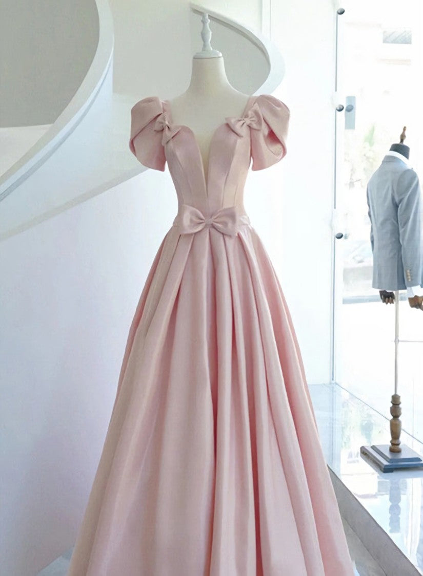 Wedding Dress Vintage Style, Pink Satin Long Short Sleeves Prom Dress Party Dress, Pink Formal Dress Wedding Party Dress