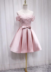 Party Dress Wedding Guest Dress, Pink Satin Off Shoulder Lace Top Homecoming Dress, Pink Gradaution Dresses