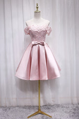 Party Dress Roman, Pink Satin Off Shoulder Lace Top Homecoming Dress, Pink Gradaution Dresses