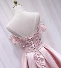 Party Dress Pink, Pink Satin Off Shoulder Lace Top Homecoming Dress, Pink Gradaution Dresses
