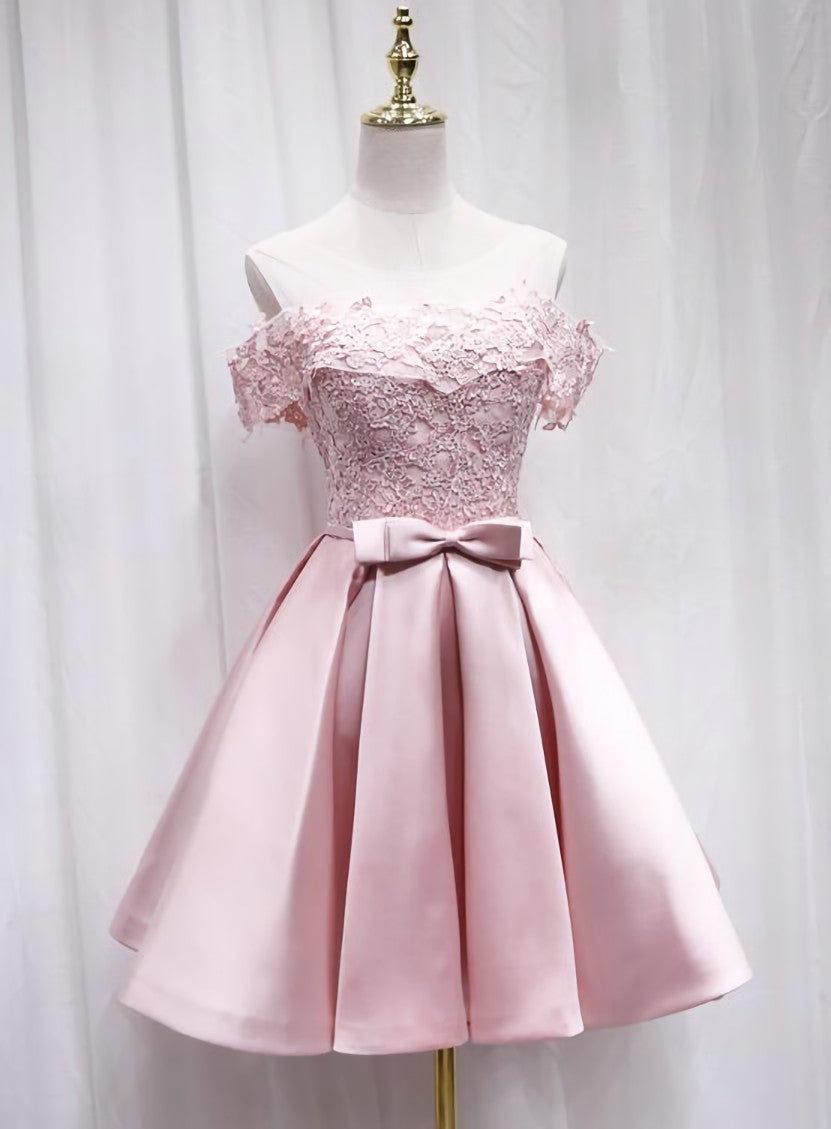 Party Dresses For Girls, Pink Satin Off Shoulder Lace Top Homecoming Dress, Pink Gradaution Dresses
