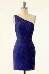 Homecomming Dresses Bodycon, Pink Sequin One-Shoulder Backless Formal Mini Dresses