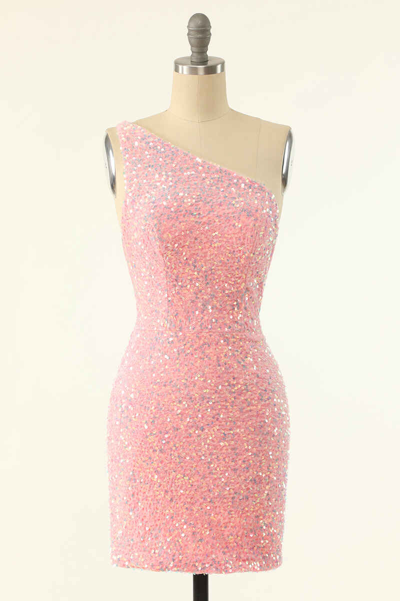 Homecoming Dresses Knee Length, Pink Sequin One-Shoulder Backless Formal Mini Dresses