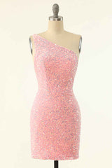 Homecoming Dresses Knee Length, Pink Sequin One-Shoulder Backless Formal Mini Dresses