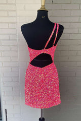 Homecoming Dress Cute, Pink Sequin One Shoulder Cutout Homecoming Dress Gala Dresses Short