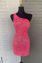 Homecoming Dresses Cute, Pink Sequin One Shoulder Cutout Homecoming Dress Gala Dresses Short
