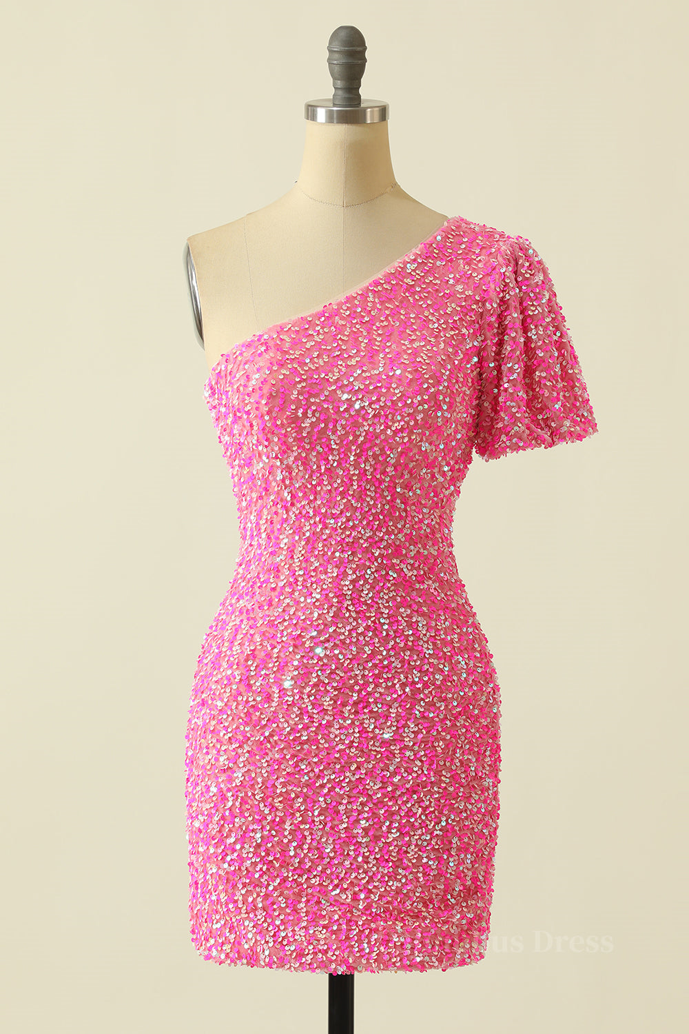 Party Dress Long, Pink Sequin Tight One Shoulder Short Sleeve Mini Dress
