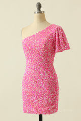 Party Dresses Long, Pink Sequin Tight One Shoulder Short Sleeve Mini Dress