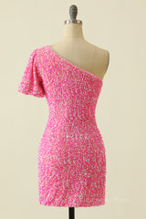 Party Dresses Long Dresses, Pink Sequin Tight One Shoulder Short Sleeve Mini Dress