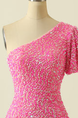 Party Dress Long Dress, Pink Sequin Tight One Shoulder Short Sleeve Mini Dress