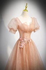 Party Dress Lace, Pink Short Sleeves Tulle Party Dress, A-line Flower Lace Prom Dress