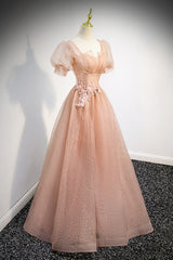 Party Dress Winter, Pink Short Sleeves Tulle Party Dress, A-line Flower Lace Prom Dress