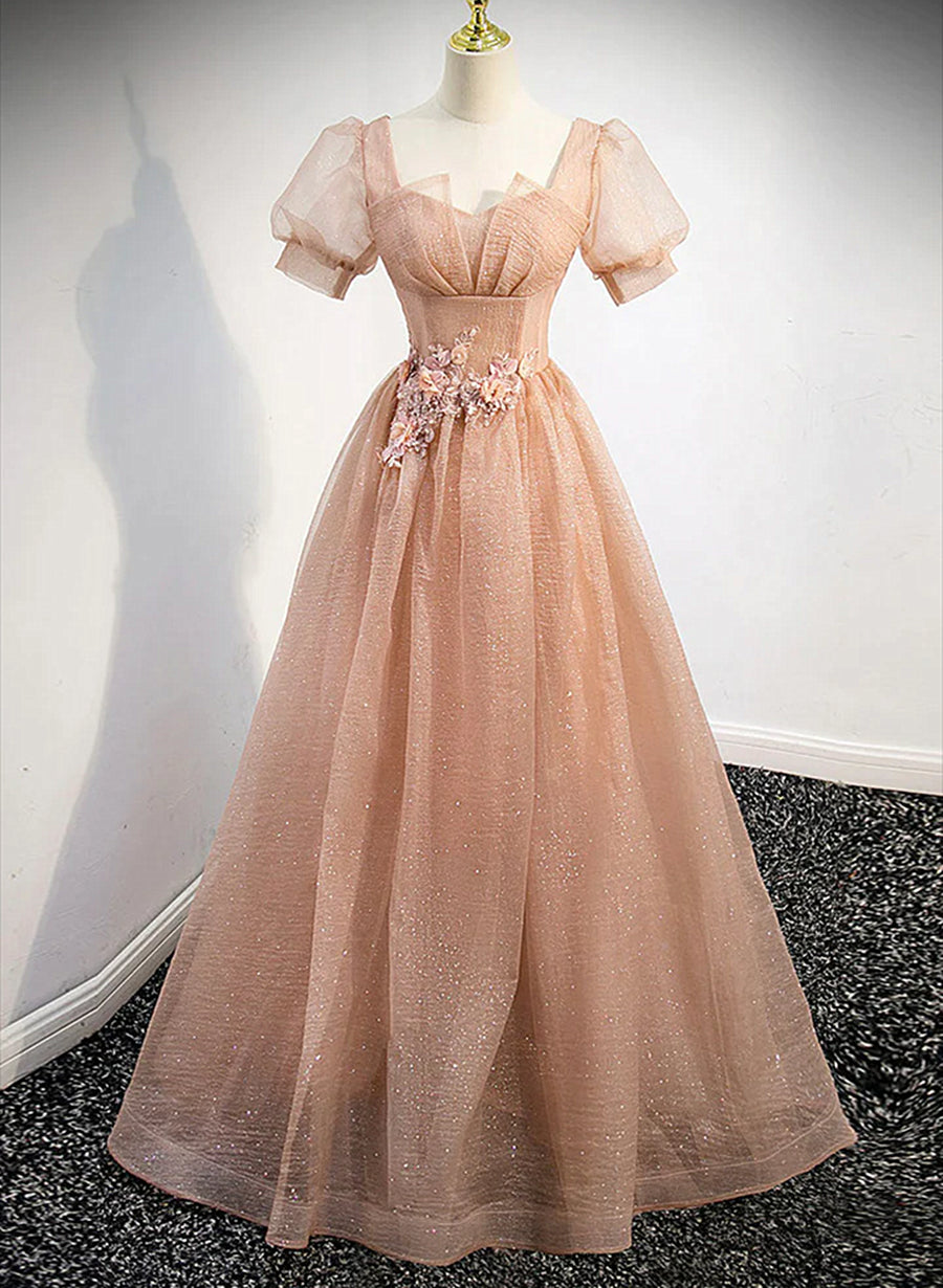 Party Dresses Size 25, Pink Short Sleeves Tulle Party Dress, A-line Flower Lace Prom Dress