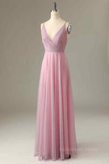Prom Ideas, Pink Sparkly A-line V Neck Pleated Long Bridesmaid Dress