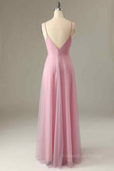 Cute Summer Dress, Pink Sparkly A-line V Neck Pleated Long Bridesmaid Dress