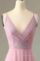 Homecoming, Pink Sparkly A-line V Neck Pleated Long Bridesmaid Dress