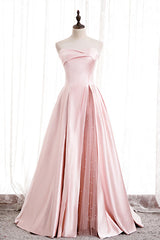 Evening Dress Wholesale, Pink Strapless Satin Lace-Up Pearl Beaded Maxi Formal Dress with Slit