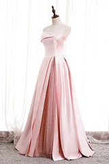 Evening Dress Gown, Pink Strapless Satin Lace-Up Pearl Beaded Maxi Formal Dress with Slit