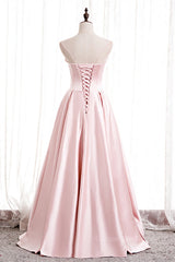 Evening Dress Gowns, Pink Strapless Satin Lace-Up Pearl Beaded Maxi Formal Dress with Slit